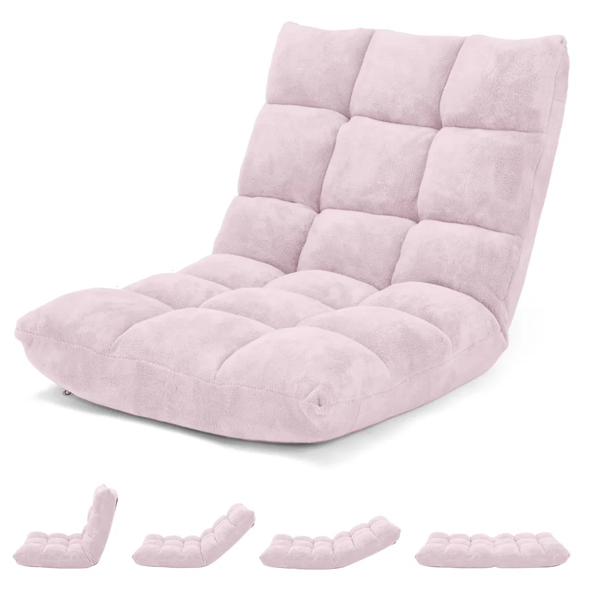 COSTWAY Sofá Suelo, Silla de Suelo Individual, Respaldo Ajustable en 14 Posiciones, Sofá Perezoso con Esponja Gruesa y Tela de Terciopelo, Silla Plegable de Meditación y de Lectura (Rosado Claro)