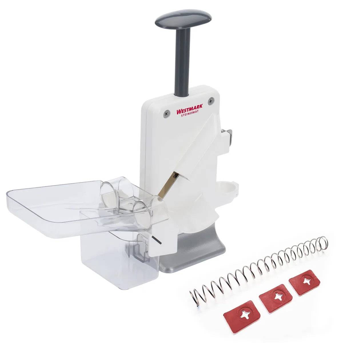 Westmark Doble Descorazonador de cerezas y ciruelas, Rápido: 2 cerezas a la vez, Set que incluye piezas de repuesto, 4 piezas, Plástico/acero inoxidable/aluminio, Steinomat, Blanco/Plata, 406022E6