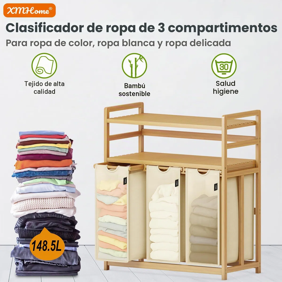 cesto para la ropa sucia con 3 compartimentos de 148 litros de bambú con 2 niveles Gran cesto de lavandería con bolsa extraíble rectangular Caja de lavandería para baño dormitorio y lavandería