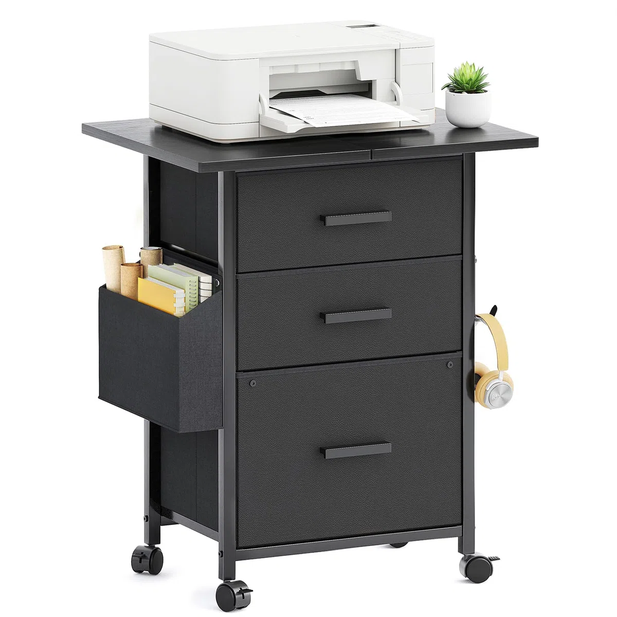 CAIYUN Archivador con Ruedas con 3 cajones y Ruedas para Documentos A4, tamaño Carta, Soporte para Impresora con un Ancho de 56 cm, diseño Industrial, Color Negro