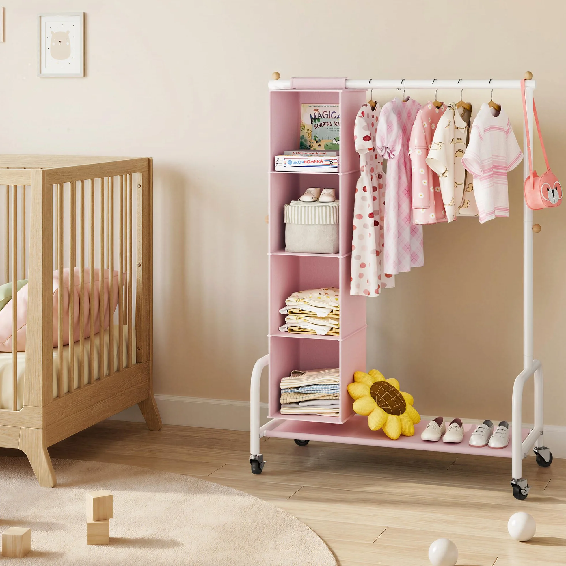 GRANNY SAYS Perchero Infantil con Organizador Colgante, Perchero con Ruedas para Disfraces Infantiles, Perchero para Ropa de Niños, Perchero para la Habitación del Bebé o la Guardería, Rosa/Blanco