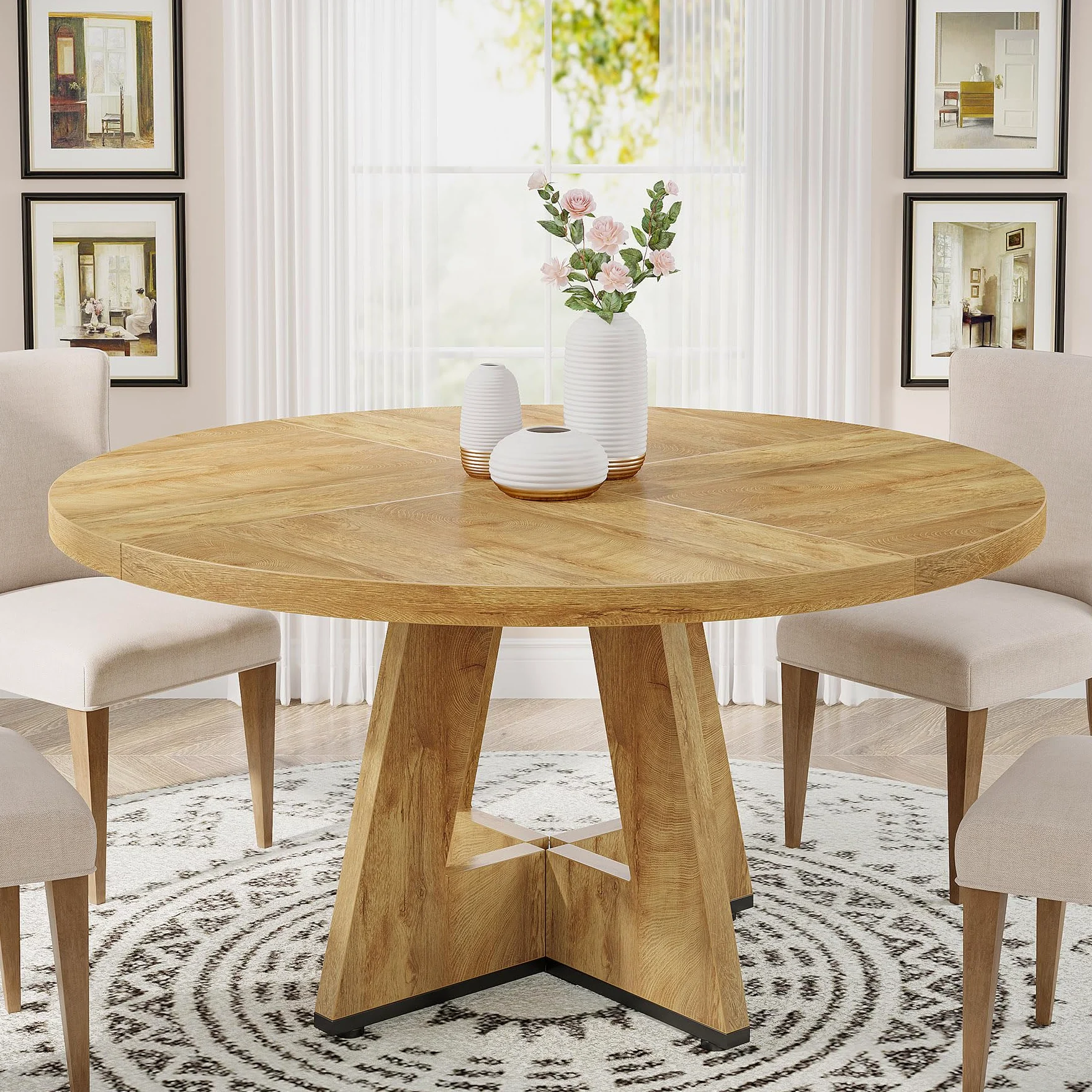 Tribesigns Mesa de comedor redonda de madera de 47 pulgadas, mesa de cocina para comedor, mesas de comedor de 47 pulgadas para 4 a 6 pulgadas, muebles decorativos de granja con mesa de madera y base
