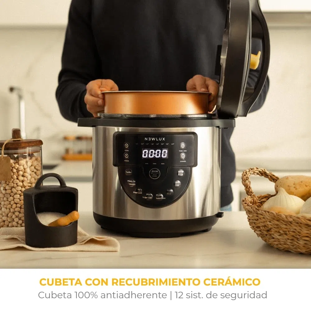 NEWLUX - Olla 6L Chef Pot V170, Olla a Presión Multifunción Eléctrica con Voz, 15 Funciones, 1000W, Programable 24h, 4 Niveles de Presión, Cubeta 100% Antiadherente | Accesorio para Freír