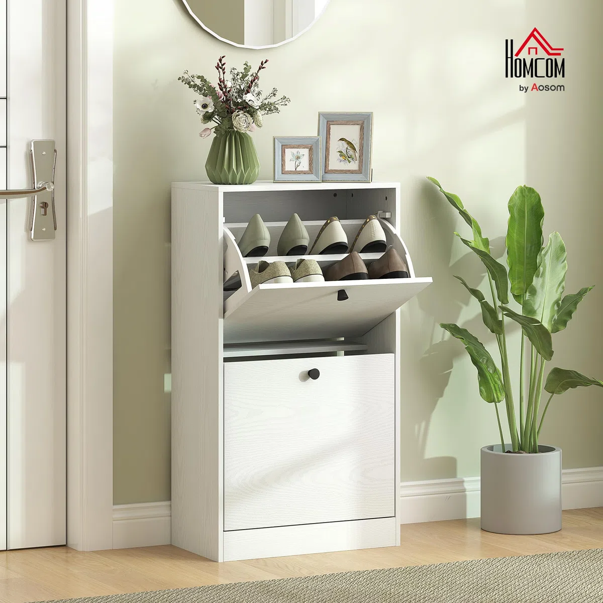 HOMCOM Zapatero Estrecho con 2 Puertas, Zapatero Entrada Recibidor con Estantes Ajustables, para 8 Pares de Zapatos, 47x26x85 cm, Blanco Veteado