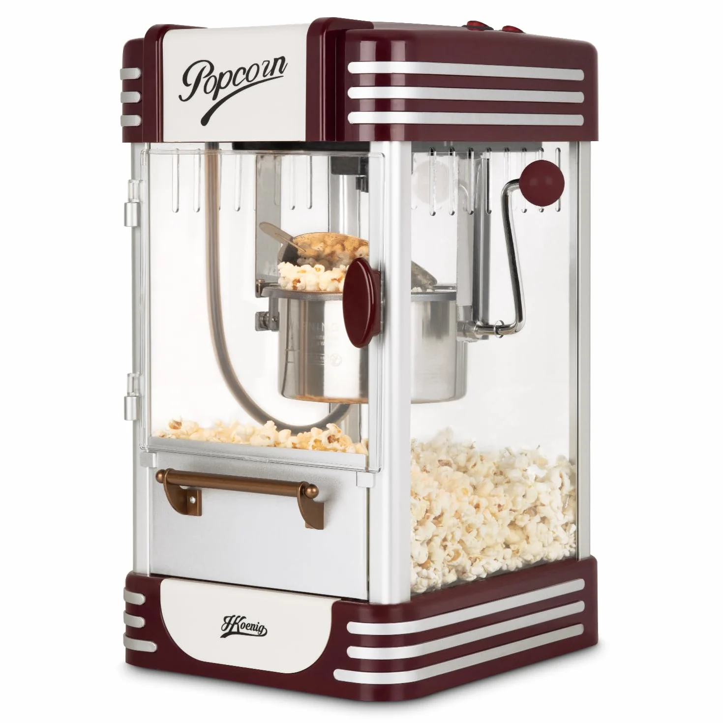 H.Koenig POP330 Maquina para Hacer Palomitas, Diseño Retro, Luz de Mantenimiento de Calor, Capacidad de Cacerola 50g en Acero Inoxidable, Puerta Magnetica, 360w