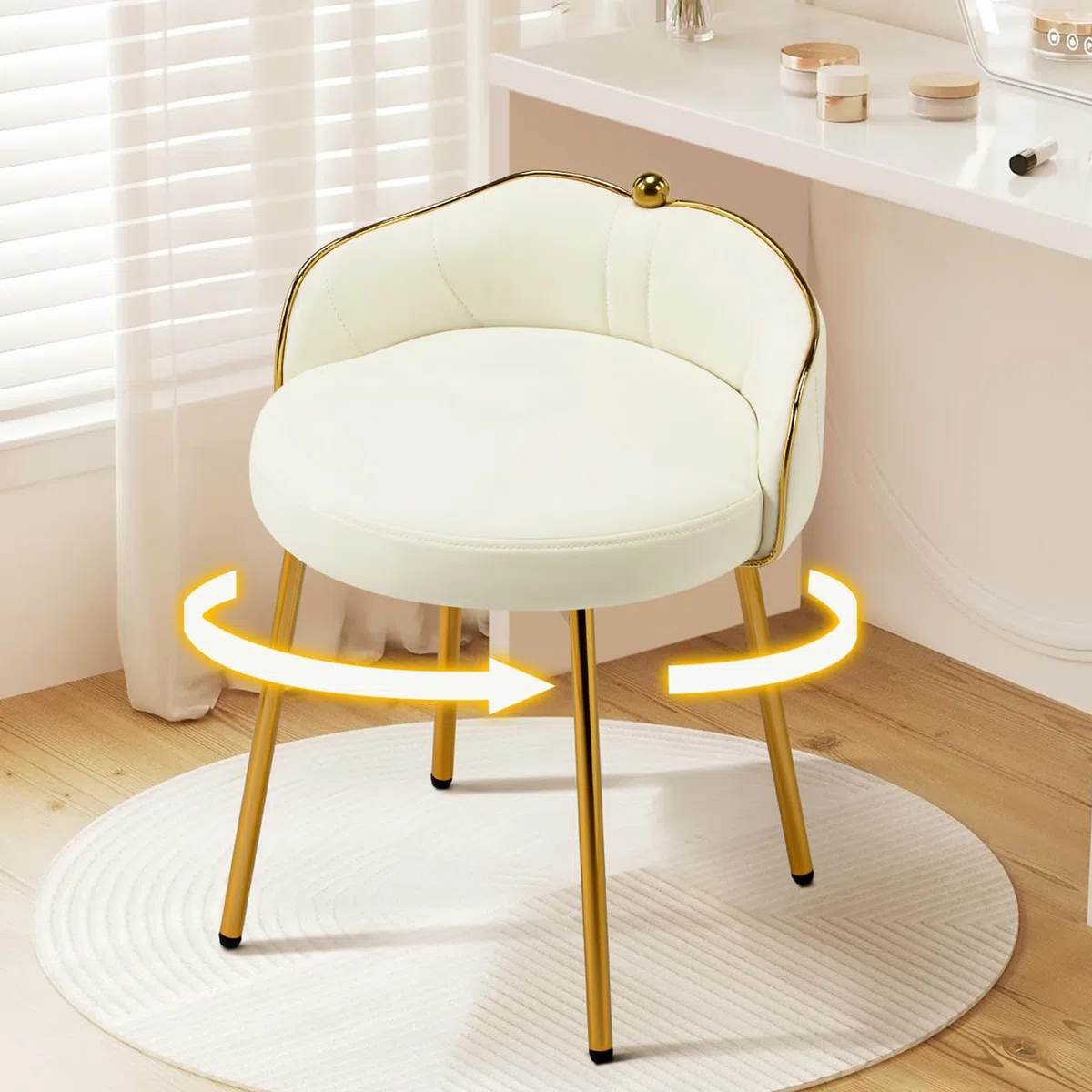 Hellove Lindo Taburete De Tocador Giratorio, Sin Brazos, con Patas De Metal Dorado, Taburete Giratorio, Reposapiés, Stool De Maquillaje, Stool De Cuero para Dormitorio, Salón, Comedor, Beige
