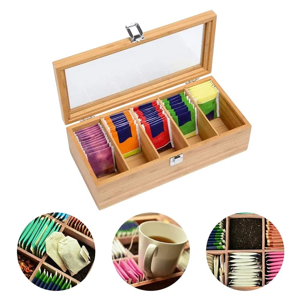 de Bambú Multifuncional Bolsa de Té Organizador de Joyas Caja de Almacenamiento 5 Compartimentos Caja de Té Organizador Contenedor de AzúCar
