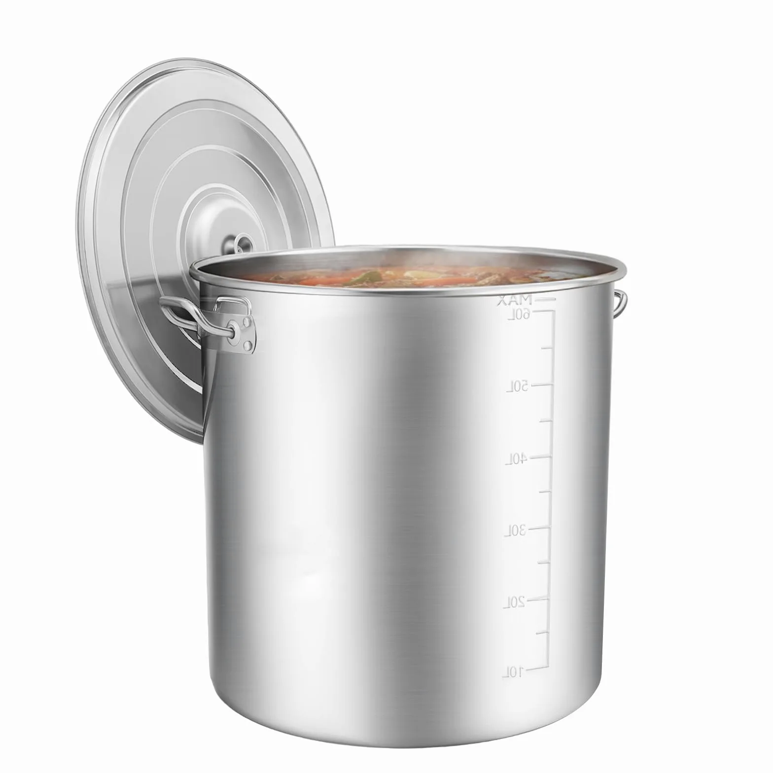Olla grande de acero inoxidable de 70 L, con asas, diámetro de 45 cm, altura: 45 cm, tapa de fregadero, superficie pulida, olla grande de acero inoxidable para cocinas de gas, cocinas