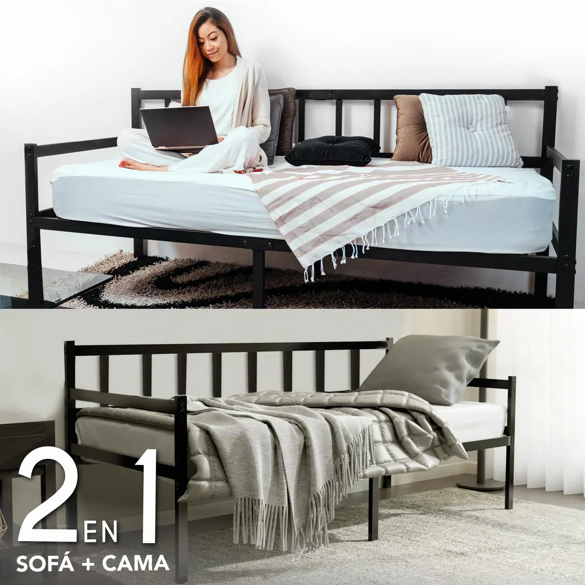 Cama de Asiento 2 en 1 – Cama de sofá 92 x 202 x 36 cm – Marco de Cama para colchón de 90 x 200 cm – Marco de Cama de 1 Plaza con somier – Banco de Cama Individual – Sofá Marco de Metal Negro