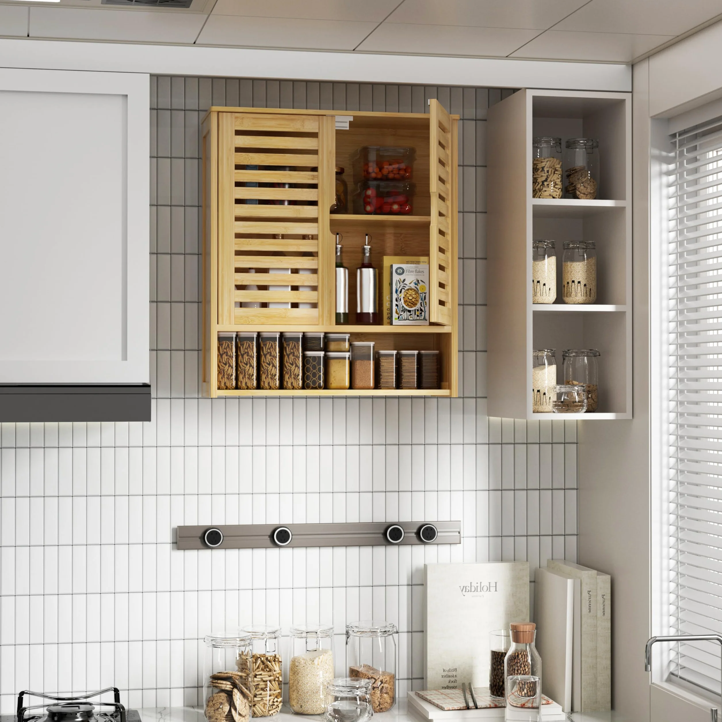unho Armario de Baño de Bambú para Pared, Mueble Baño Colgar con Puerta con Cierre Magnético y Estante Ajustable, Organizador de Almacenamiento sobre Inodoro, 59x20.5x66.5cm, Madera Natural