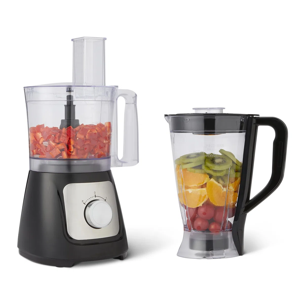 Amazon Basics Combinación de procesador de alimentos y batidor con 2 velocidades, cuenco de 2,4 litros y jarra de 1,5 litros, 800 W, negro