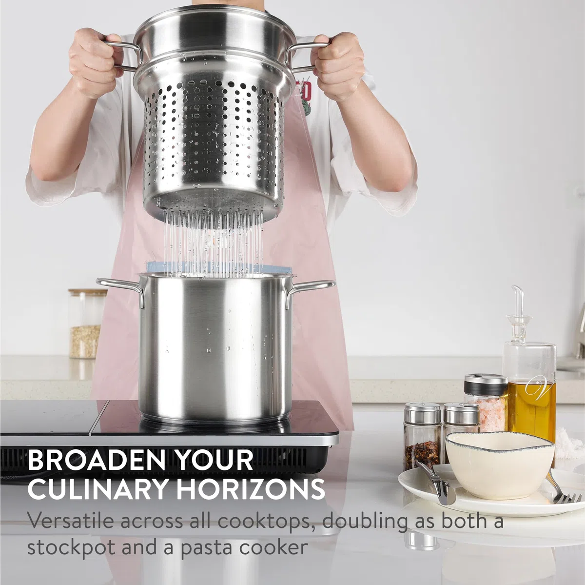 Navaris Olla de acero inoxidable para pasta y verduras, 5.7 L (6.1 cuartos de galón) – Maceta versátil – Apto para inducción, gas, eléctrico y horno – Lavavajillas