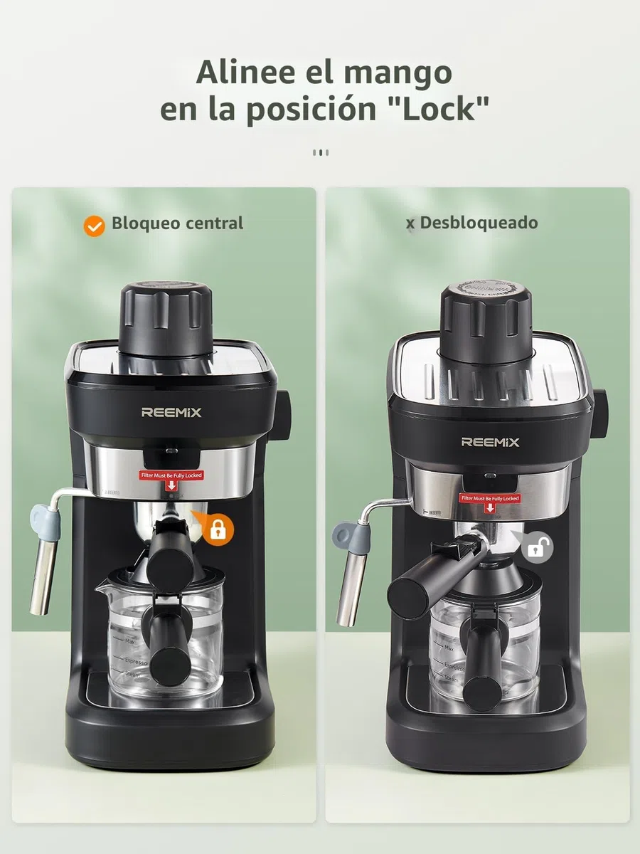 Reemix Máquina de Café Espresso Manual 6 Bar para Café Molido, Cafetera Compacta con Función Vapor y Espumador de Leche, Cappuccino Cremoso, Calientatazas, Jarra de Cristal, Negra
