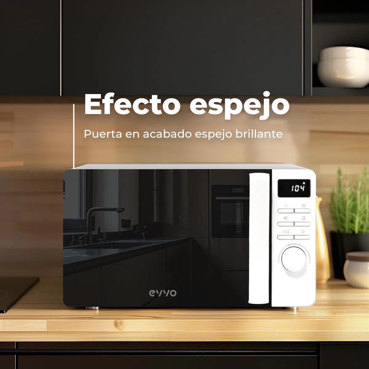 EVVO Microondas M20 White - Horno Microondas Libre Instalación con Función Grill, 800W, Capacidad 20l, Display Digital, Panel Control Táctil, Puerta Efecto Mirror, Bloqueo Infantil, Blanco