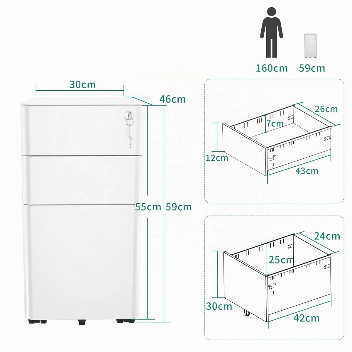 YITAHOME Cajonera de Oficina con 3 Cajones, Armario Archivador Metalico con Ruedas, Móvil Mueble Oficina Archivador con Cerradura y Llave para Carta/A4, Blanco, 46 x 30 x 59cm