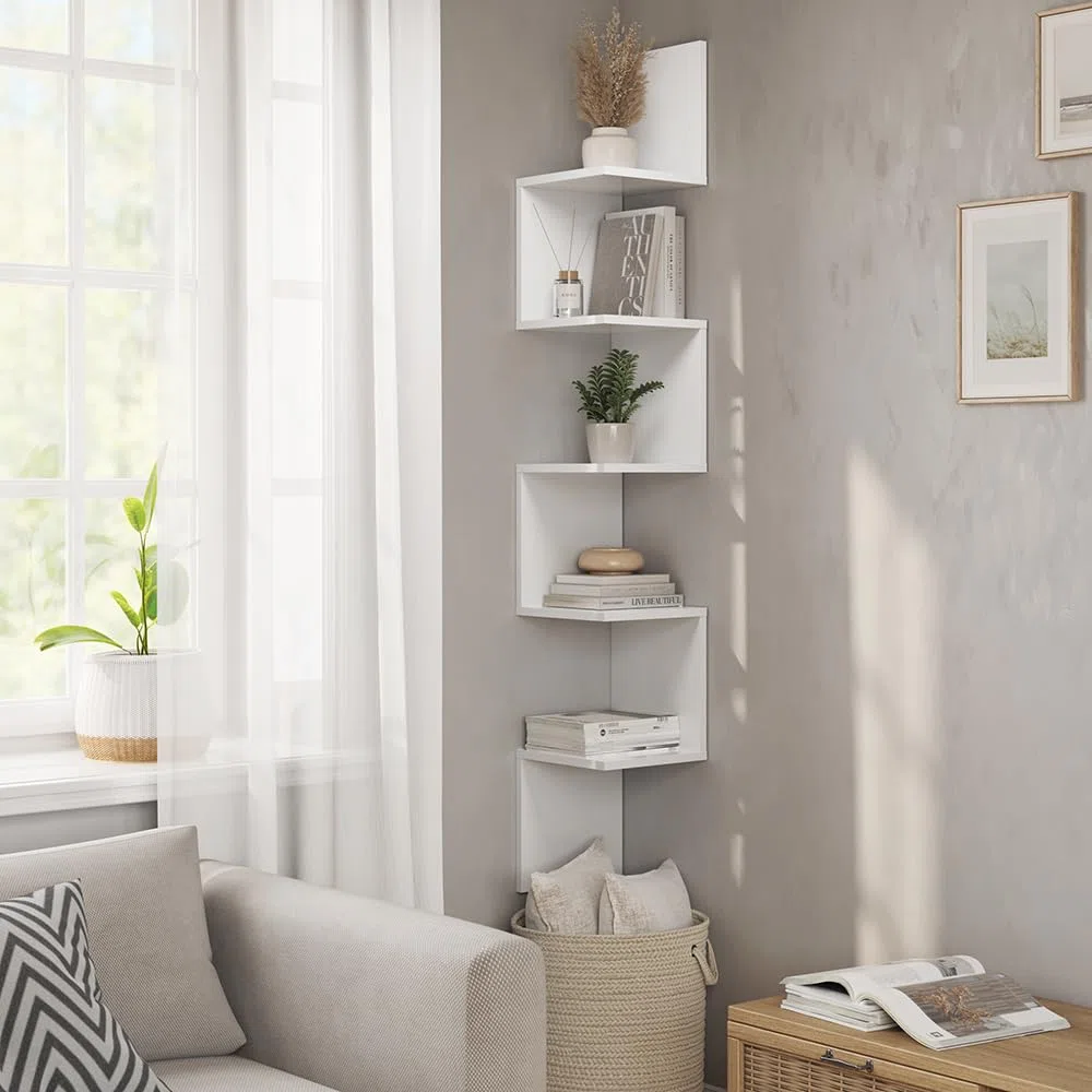 Vicco Estantería esquinera Paolo, Blanco, 28 x 175.4 cm con 5 Compartimentos, montable para almacenar Libros y Objetos Decorativos