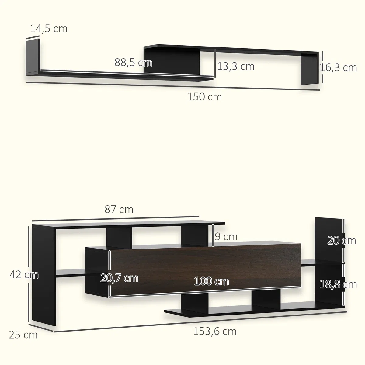 HOMCOM Muebles de Salón Conjunto Muebles de TV para Televisiones de Pared hasta 65" o de Pie hasta 40"con Mesa para Televisor 153,6x25x42 cm y Estante de Pared 150x14,5x16,3 cm Negro y Marrón