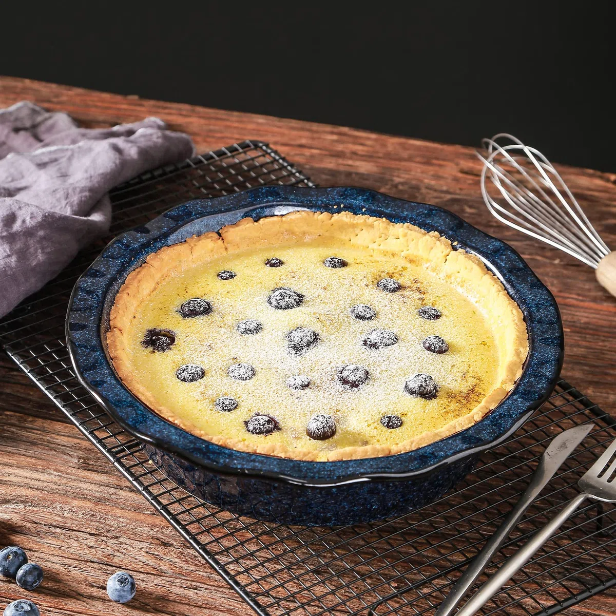vicrays Molde de cerámica para hornear – Plato de pastel de 9 pulgadas, redondo, estriado y profundo para tartas, pizzas, tartas de manzana, quiche, pasteles de olla, pastel – Esmalte reactivo (azul