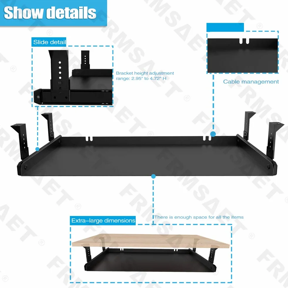 FRMSAET Plataforma para Bandeja de Teclado Debajo del Escritorio 53 cm / 60 cm / 76 cm Organizador de cajones de Material Totalmente metálico Herramienta de Almacenamiento. (76 cm, Negro)