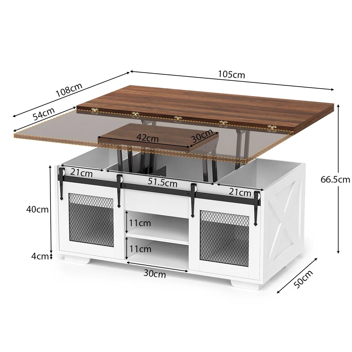 VOWNER Mesa de Centro Elevable, Mesa Extensible, Multifuncional 3 en 1 con Almacenamiento Oculto - Comedor, Convertible, Estilo Granja, Nogal