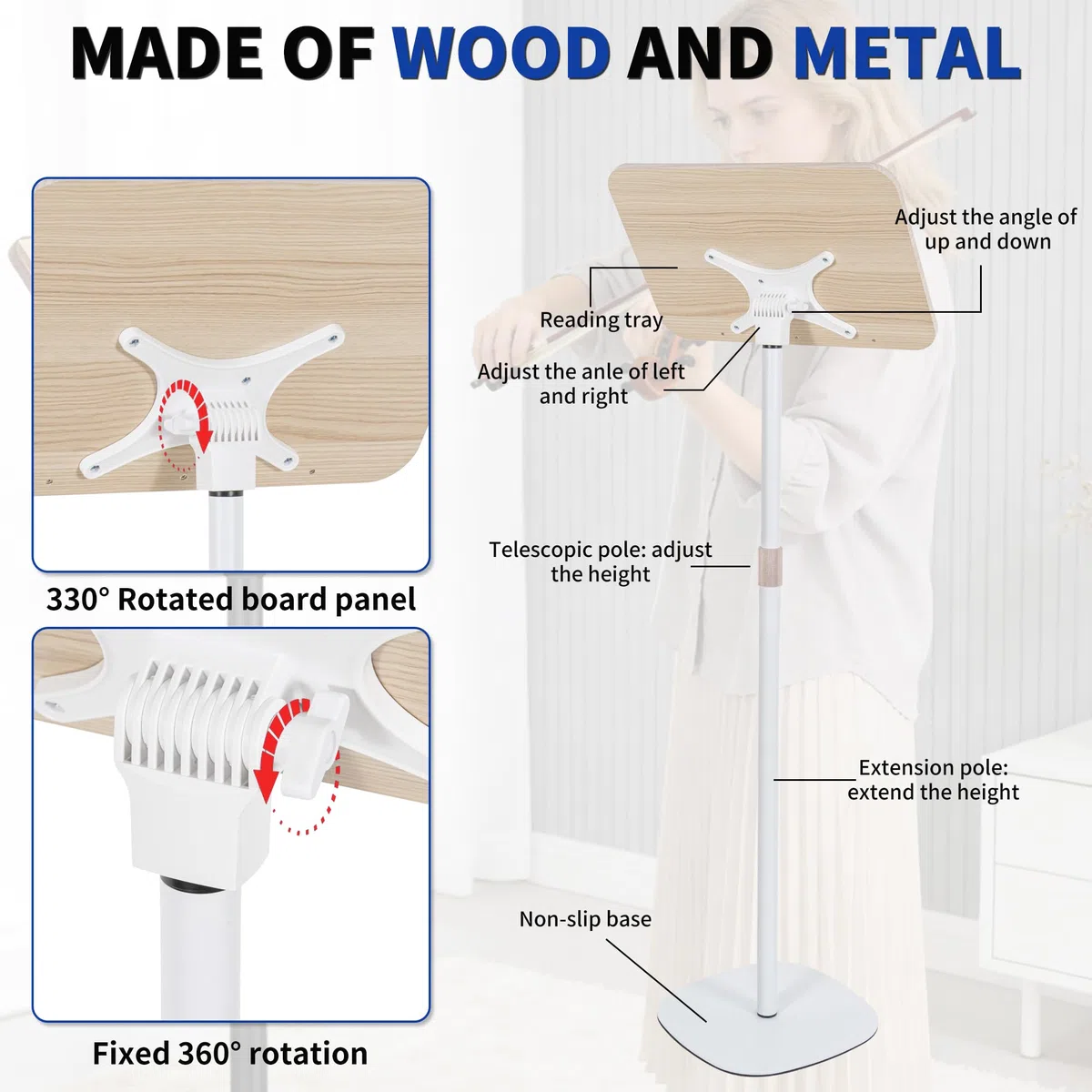 OUUTMEE Soporte de lectura de pie ajustable de 50 a 130 cm, soporte plegable para laptop, soporte de lectura de libros de madera, escritorio portátil para tableta, para libros, laptop, música y