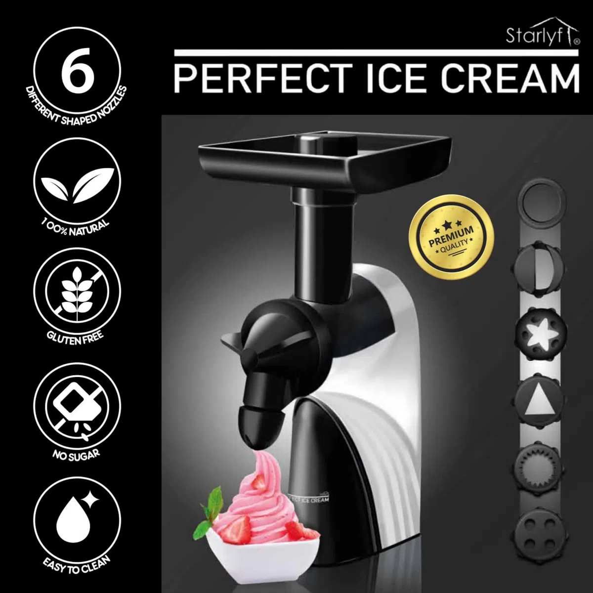 Máquina de Helados STARLYF PERFECT ICE CREAM, Máquina para hacer helados con Fruta, máquina de helados y sorbetes, muy fácil de Usar, 100% Natural, Gluten Free, Ideal Batidos