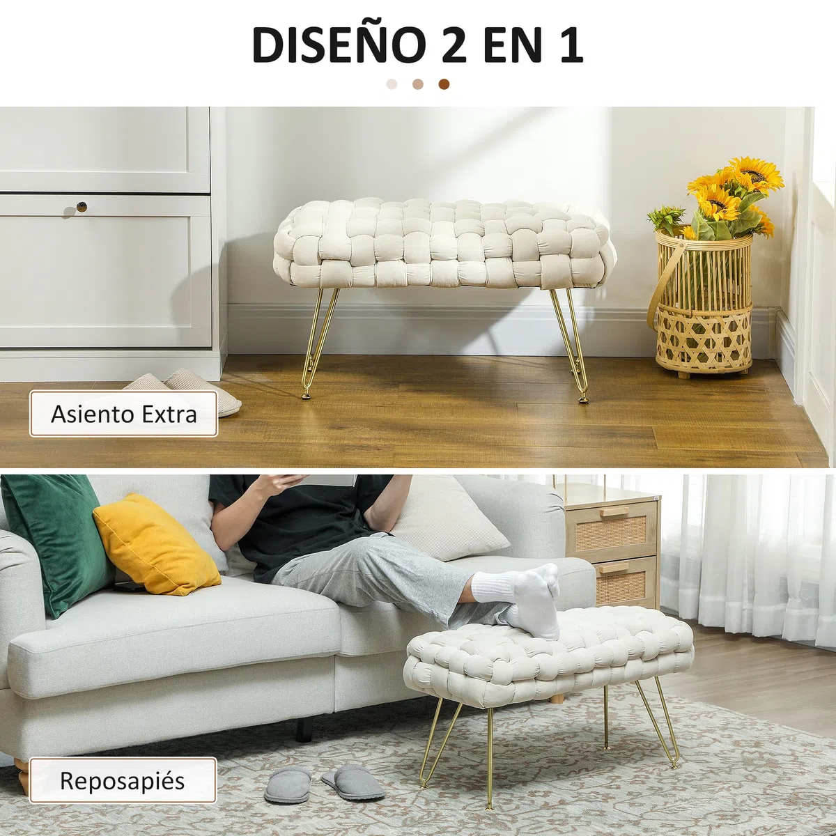 HOMCOM Banco Pie de Cama Tapizado en Terciopelo Banqueta Dormitorio Pie de Cama con Patas Doradas y Asiento Acolchado para Entradas Crema