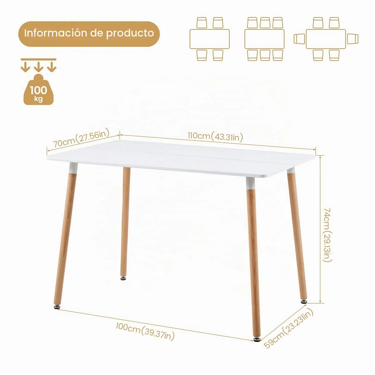 H.J WeDoo Mesa de Comedor Rectangular de Madera de Diseño Escandinavo para 4 a 6 Personas Blanca 110 x 70 x74 cm (Sólo Mesa)