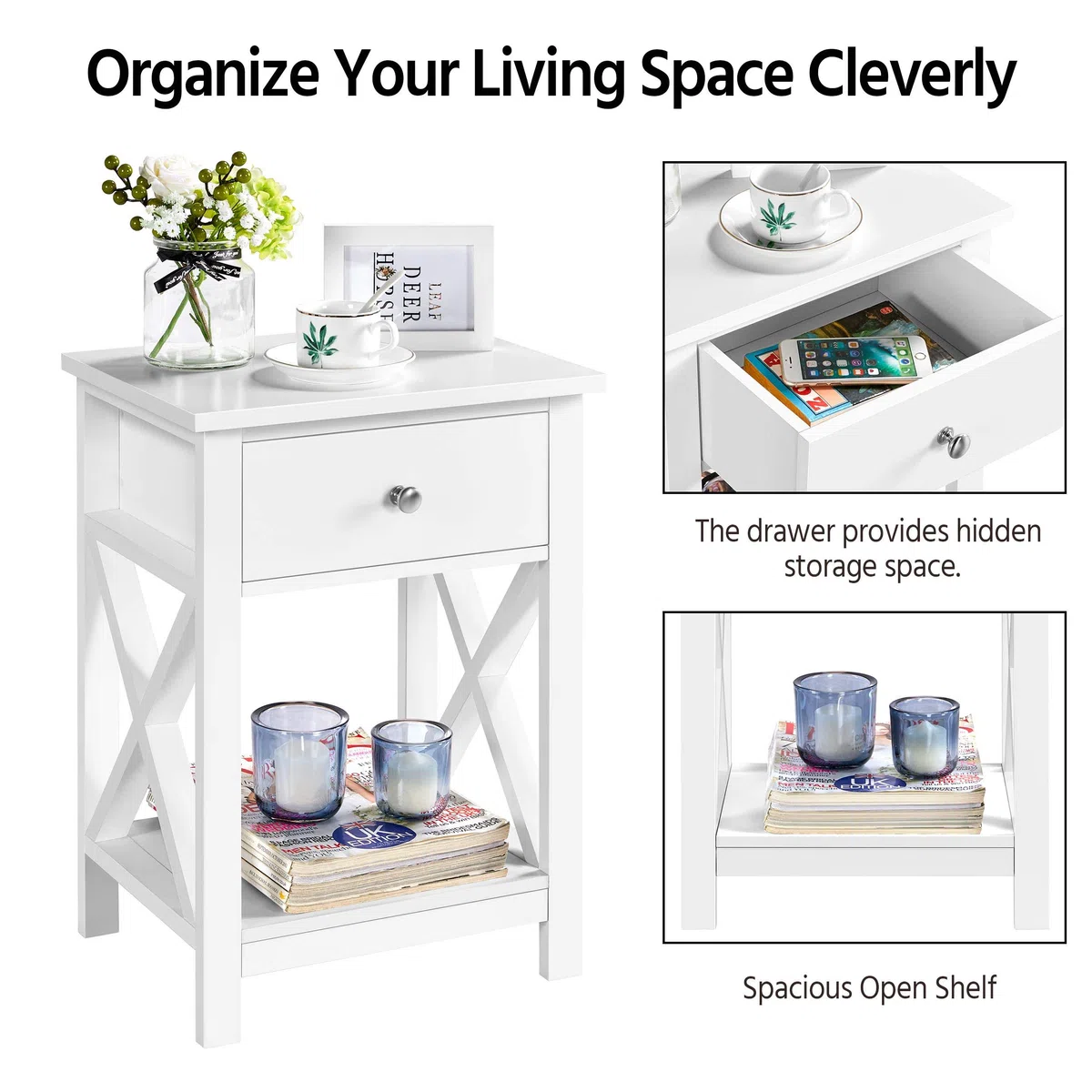 Yaheetech 2pcs Mesitas de Noche con Cajón y Estante 40x30x55cm Mesillas de Noche Vintage para Dormitorio Mesa Auxiliar para Salón Sala de Estar Blanco Satinado
