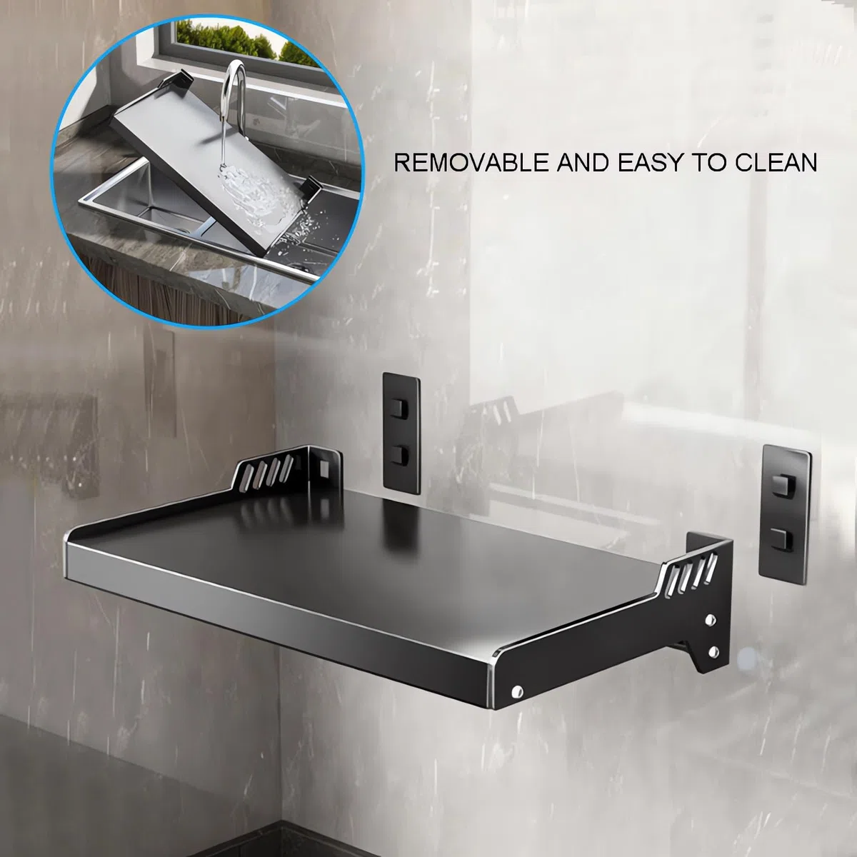 FREEUP Estantería de pared para microondas para cocina, soporte para microondas de acero inoxidable, color negro, soporte para microondas con 6 ganchos, montaje adhesivo o montaje en taladro