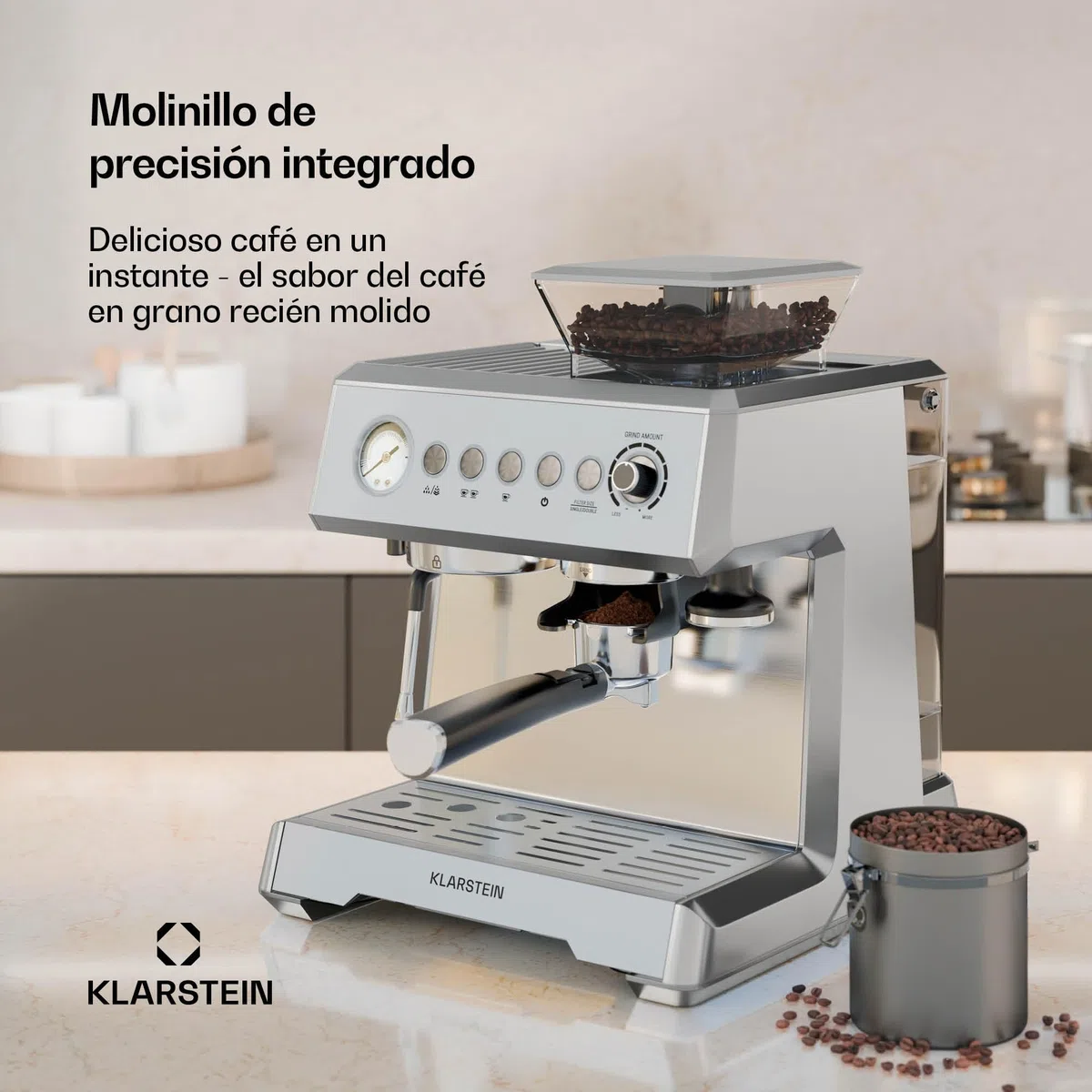KLARSTEIN GrandPresso Cafetera Exprés 20 Bares - Molinillo Integrado, Boquilla de Vapor, 2,3L, Cafetera Barista, Espresso y Capuchino, Fácil de Usar y Limpiar