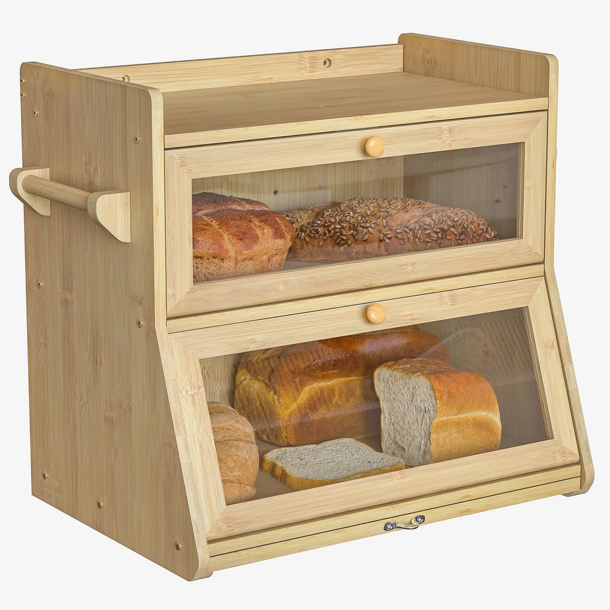 Panera de Bambú de 2 capas Con Tabla de Cortar y Caja de Almacenamiento, Visualizada para Pan Tostado, 40 x 28 x 38 cm, Bambú Natural