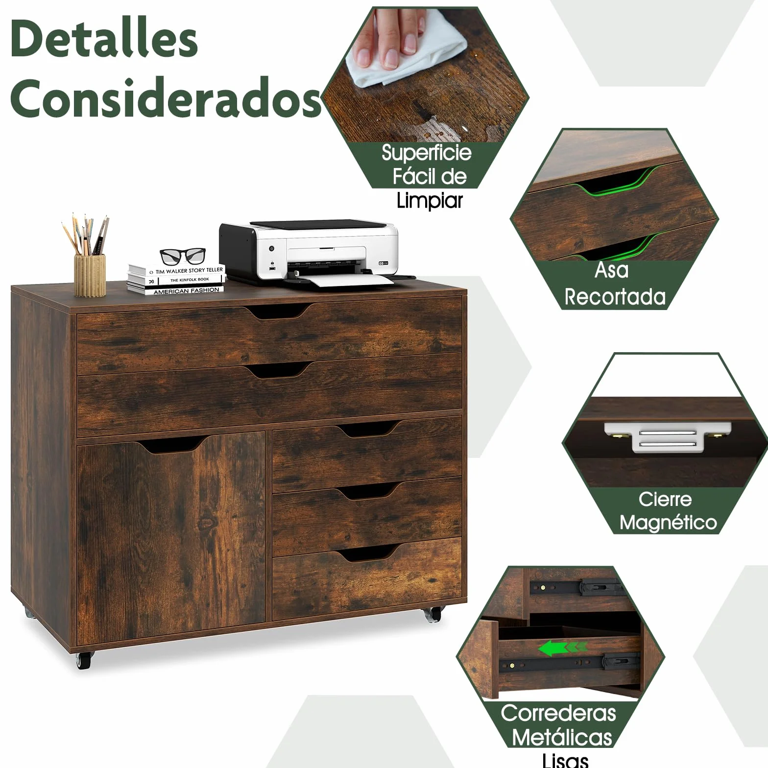 GIANTEX Armario Archivador con Ruedas, Cajonera con 5 Cajones y 1 Puerta, 77,5 x 40 x 64 cm, Armario de Almacenamiento para Oficina, Dormitorio, Salón (Marrón)