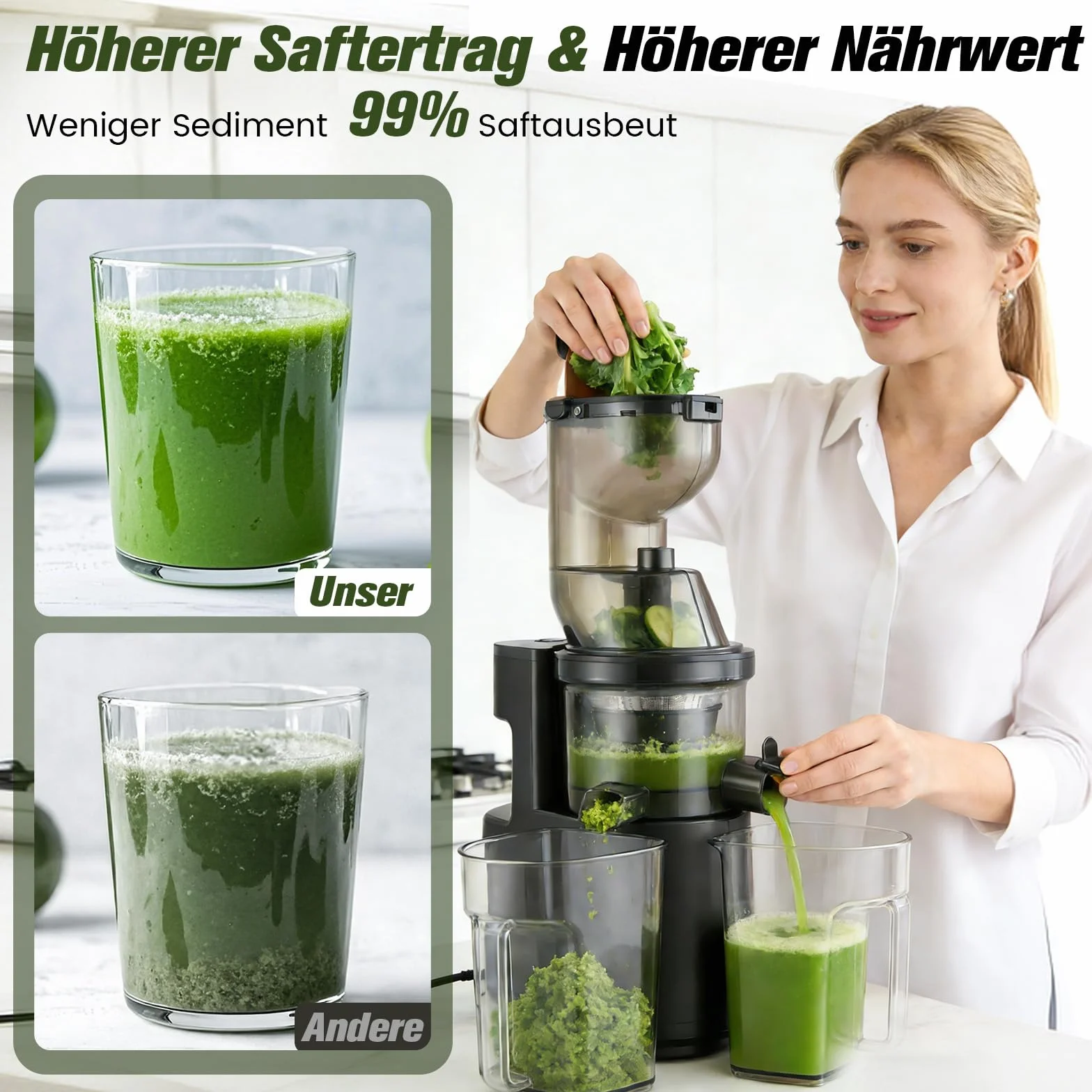 Extractor de Zumos y Verduras con Boca XL de 140 mm, Motor de 500W, Licuadora Slow Juicer, Separación de Pulpa, Protección Infantil, Fácil Limpieza, Para Frutas y Verduras Enteras