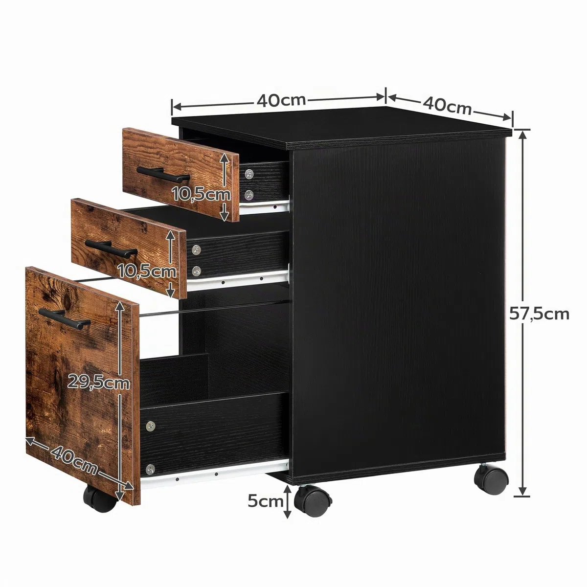 HOOBRO Mueble Archivador, Armario Móvil para Oficina con 3 Cajones y Archivador Colgante, 40 x 40 x 57,5 cm, Diseño Industrial, Marrón Rústico EBF02WJ01G1