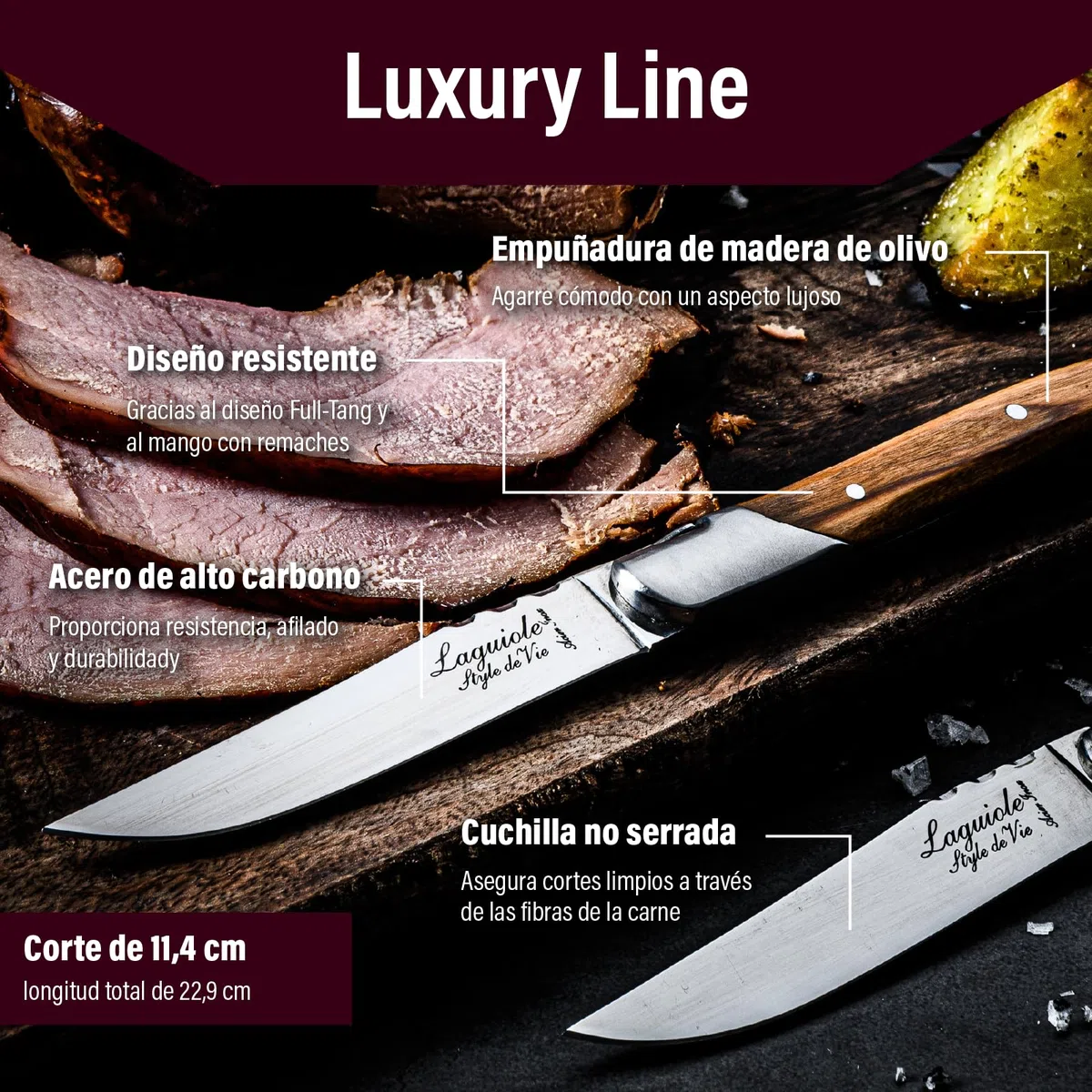 Laguiole Style de Vie Juego de 6 cuchillos de madera de olivo para carne