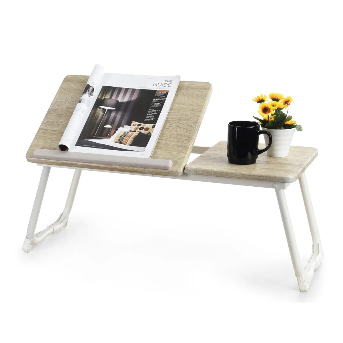 MEUBLE COSY Mesa de Ordenador Portátil Bandeja de Cama con Patas Plegable Mesita Auxiliar para Sofa, Soporte para Computadora, Roble y Blanco, 65x30x27,5 cm