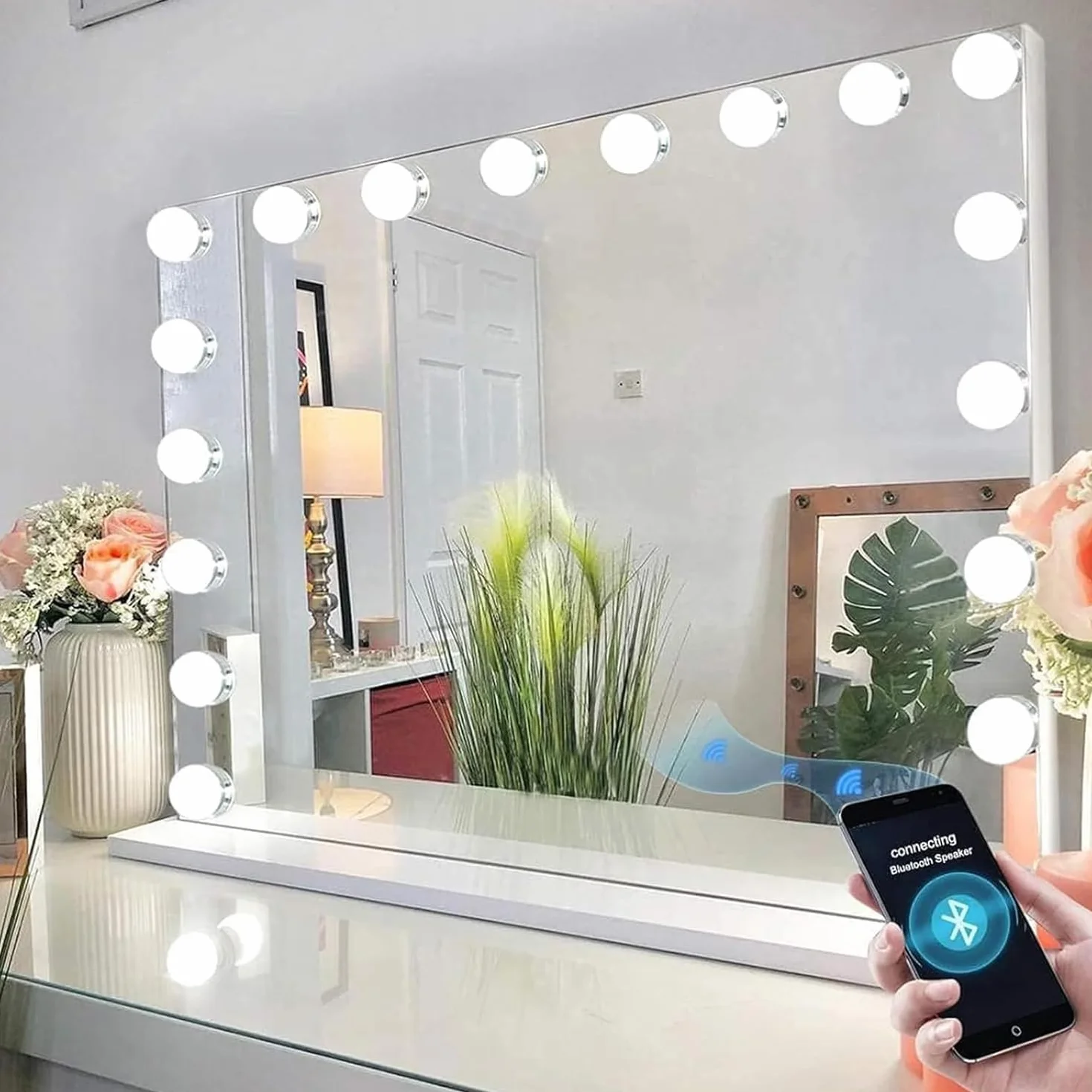FENCHILIN Espejo Grande de Pared, de Maquillaje con Altavoz. Tocador con 18 Lámparas LED Regulables Puerto de Carga USB. Hollywood con Luz de Mesa 80x58cm