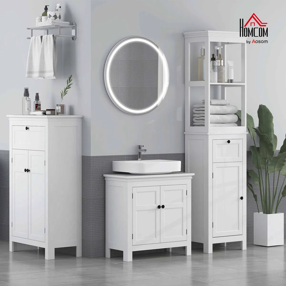 HOMCOM Columna de Baño Armario de Baño 40x30x165 cm con Cajón Puerta Estante Ajustable y 2 Compartimientos Estilo Moderno Blanco