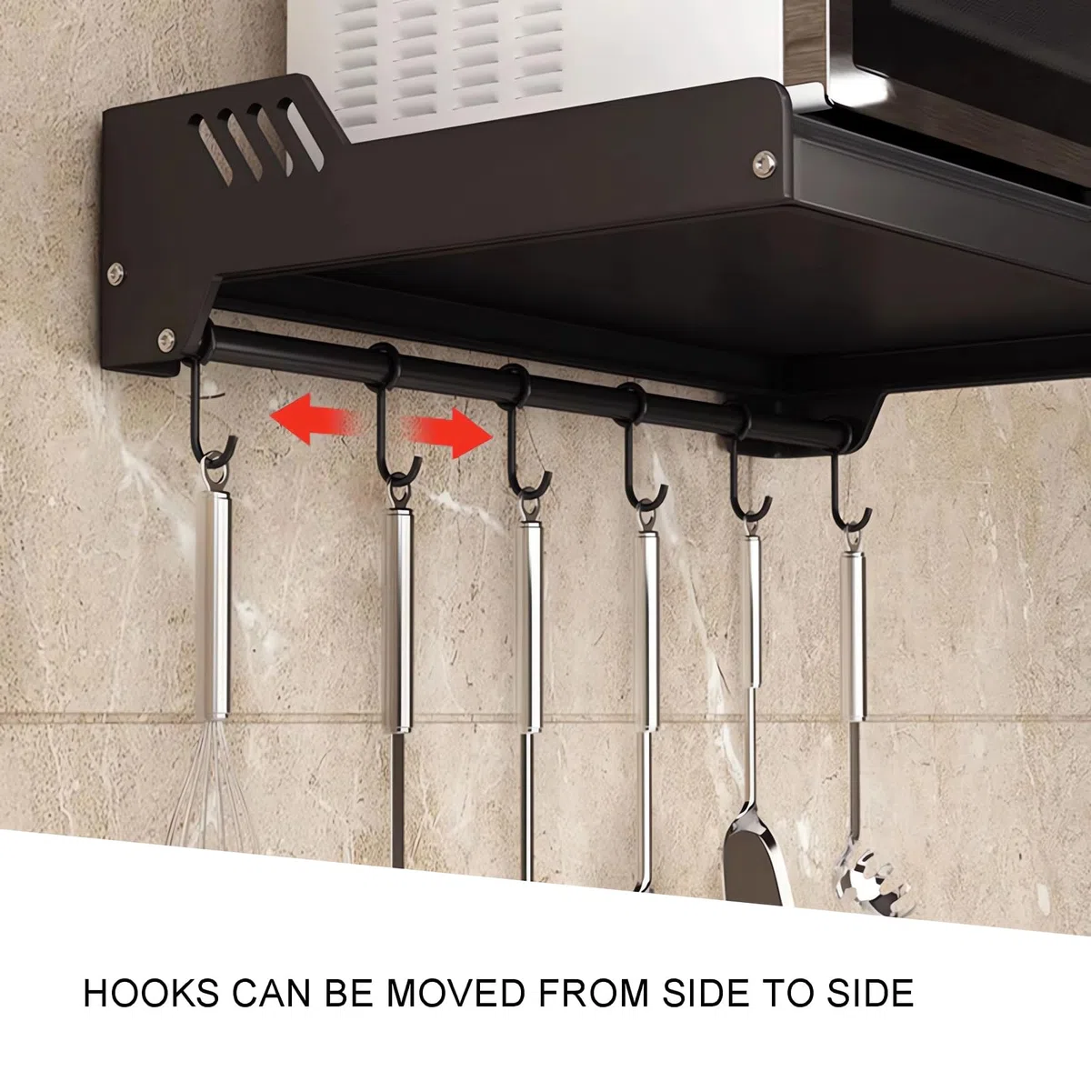 FREEUP Estantería de pared para microondas para cocina, soporte para microondas de acero inoxidable, color negro, soporte para microondas con 6 ganchos, montaje adhesivo o montaje en taladro
