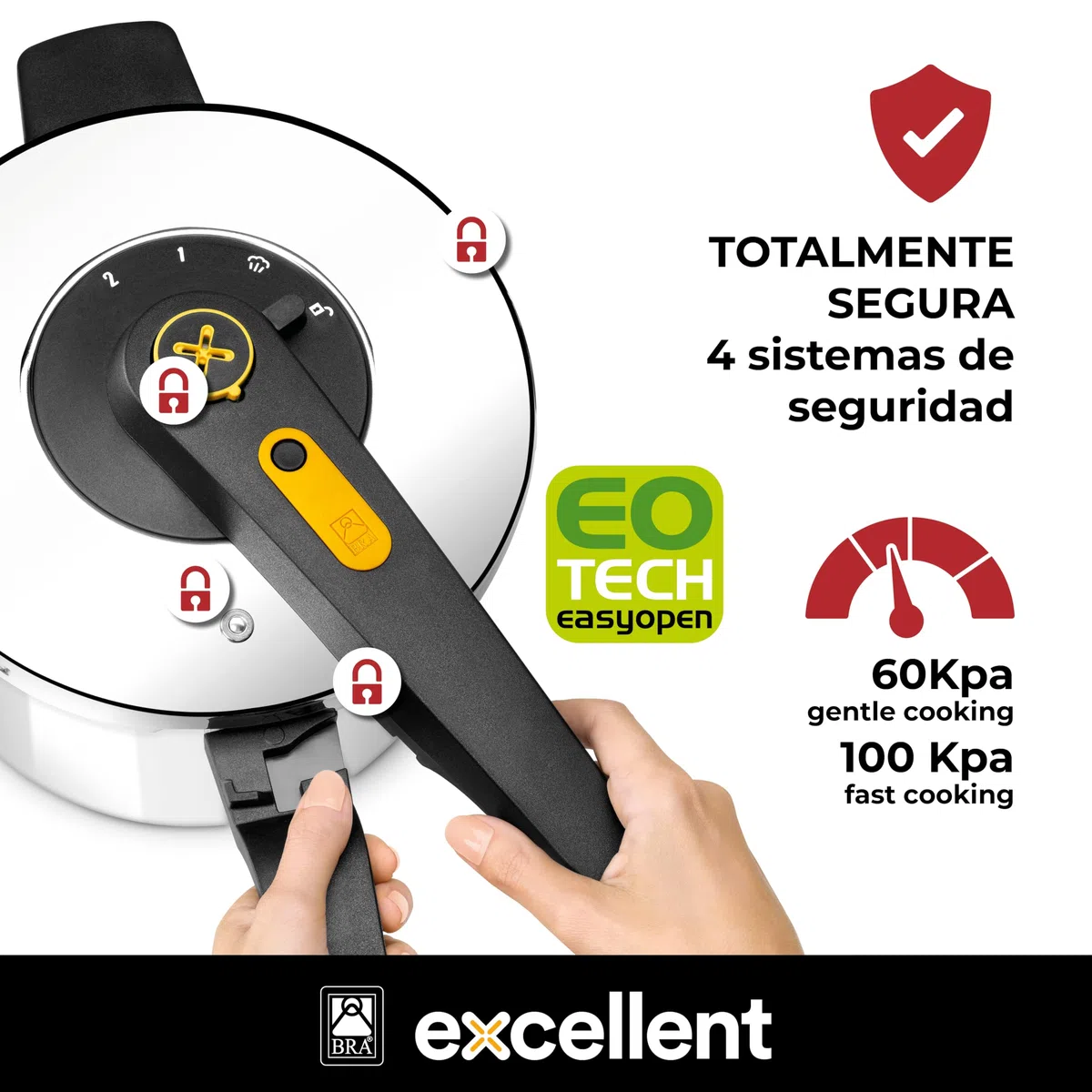 BRA Excellent | Set olla a Presión Rápida de Fácil Aberura de 4+7 Litros, Fabricada en Acero Inoxidable 18/10, 2 Programas de Cocción y Sistema de Bloqueo de Apertura, Apta para Todo Tipo de Cocinas