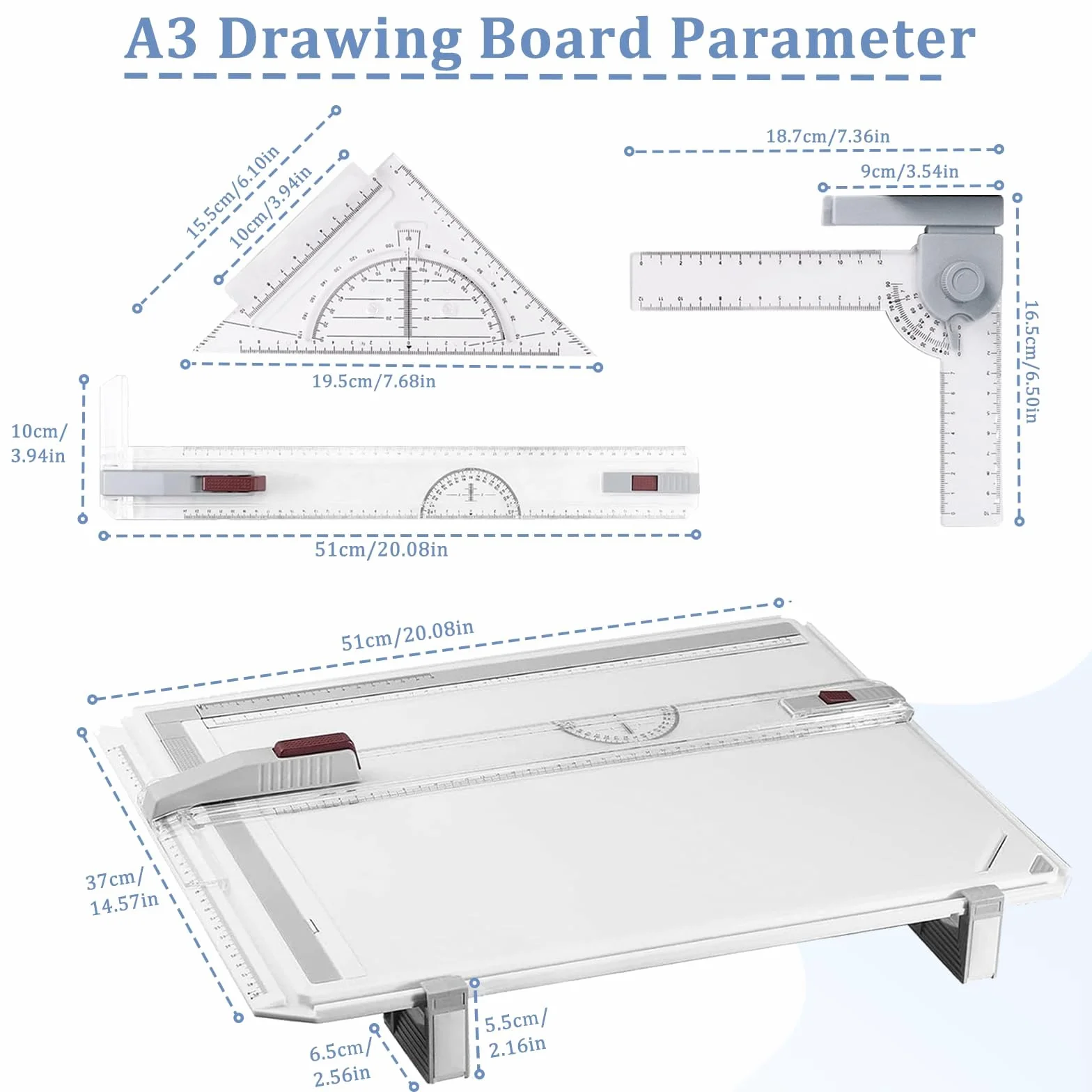 Tablero de Dibujo 51x37cm con Bolsa de Transporte, Tablero de Dibujo DIN A3, Dibujo Técnico Multifuncional con Movimiento Paralelo y Ángulo Ajustable, Accesorios para Arquitectos Ingenieros Profesores