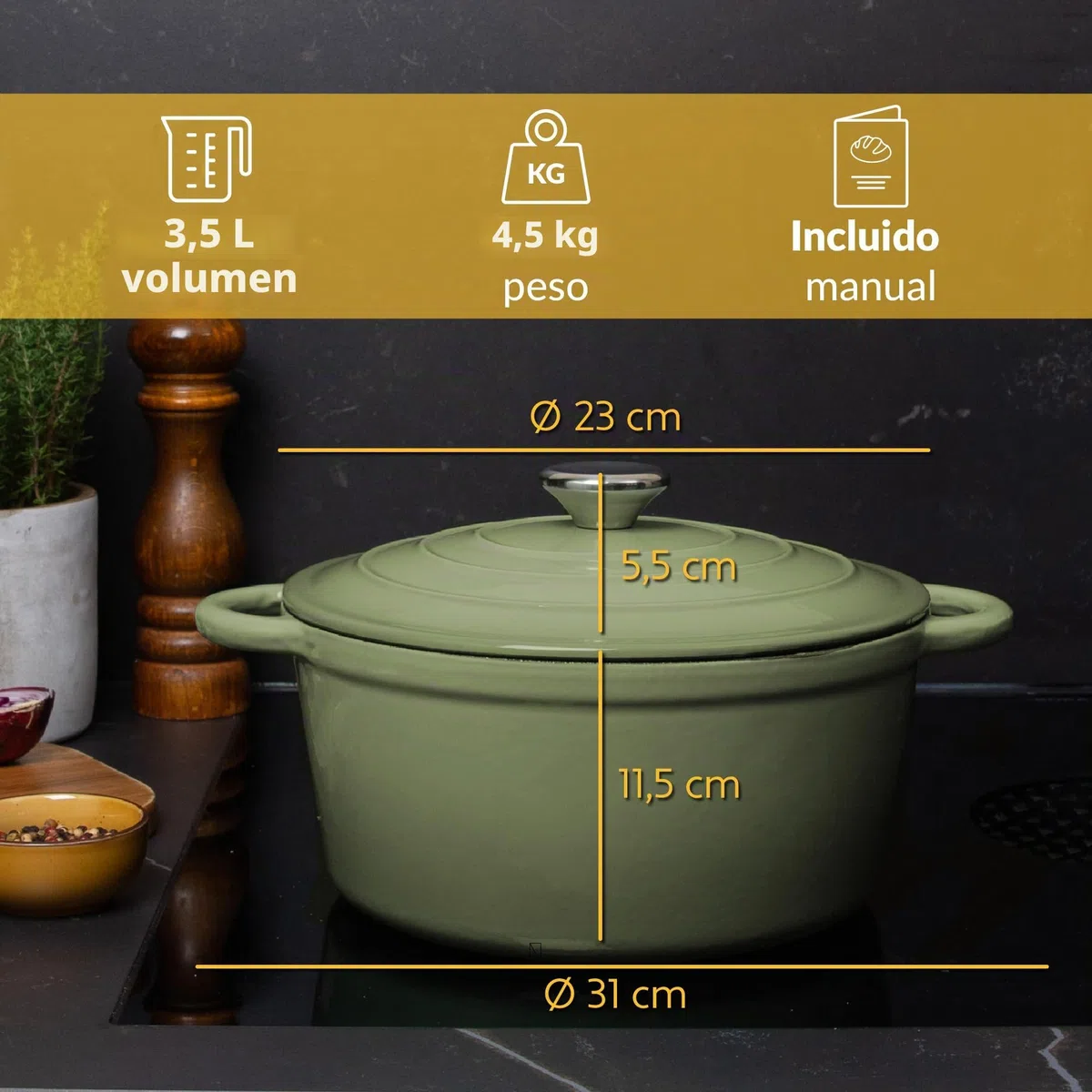 Chefarone Cacerola Hierro Fundido 24 cm 3,5L Esmaltada con Tapa Inducción Horno – Cocotte Multiusos para Hornear Pan Guisar Freír Cocinar
