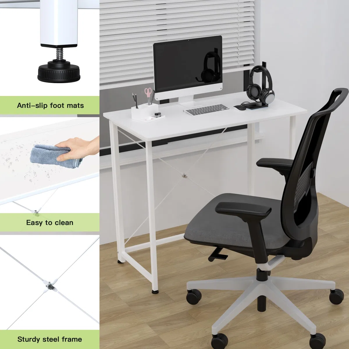 Mesa Plegable Portatil Escritorio Blanco Mesa Escritorio Ordenador de Oficina Mesas Plegables Cocina Mesa Abatible de Madera y Acero Mesa de Trabajo 80x45.5x74 cm Mesa de Estudio Puesto de Trabajo