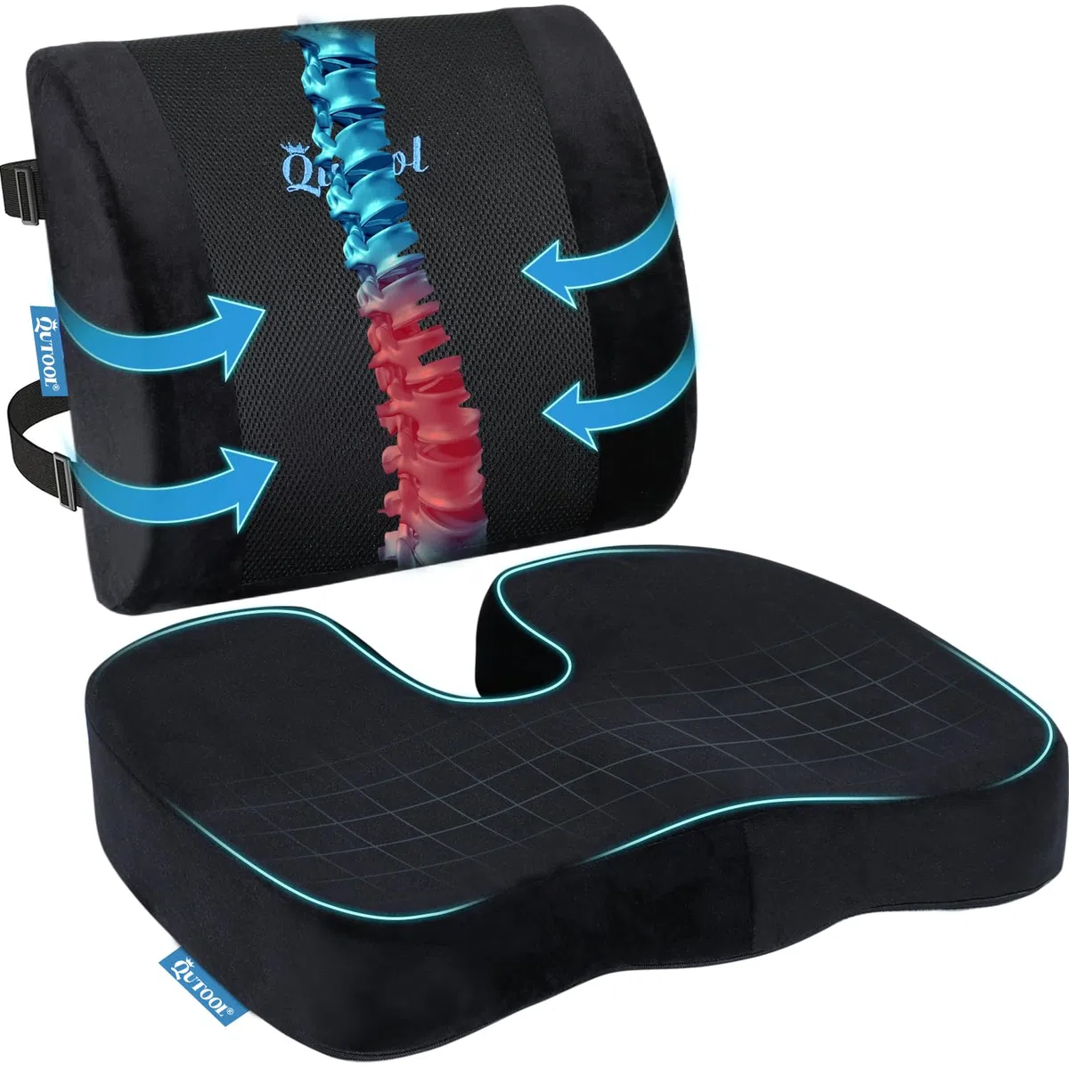 Qutool Cojín para Asiento de coxis y Almohada de Apoyo Lumbar para Silla de Oficina, Coche, Silla de Ruedas (Negro)