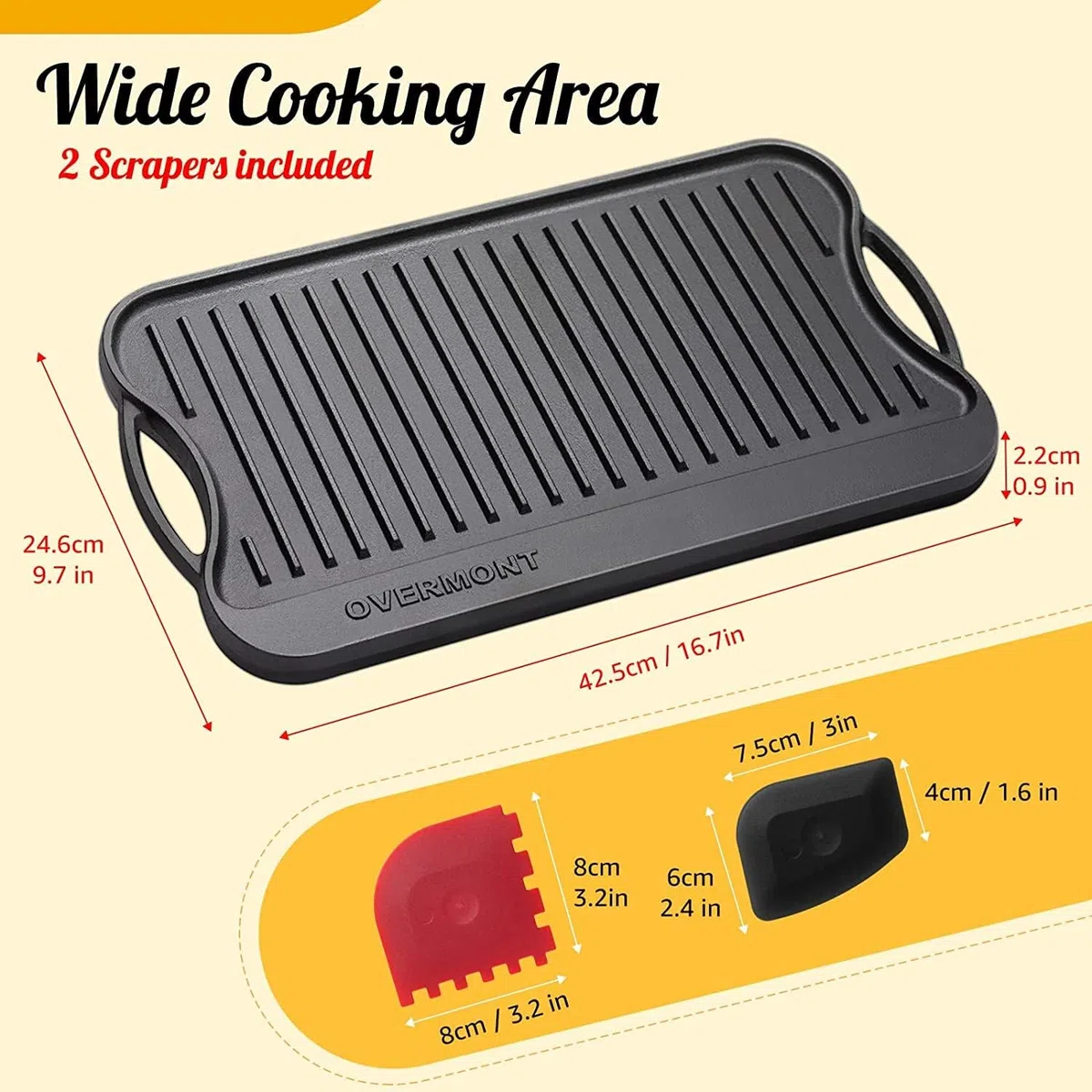 OVERMONT Parrilla reversible de hierro fundido pre-sazonado con asas para estufa de gas, horno de fuego abierto, 43,18 x 24,89 cm, una bandeja, raspadores incluidos