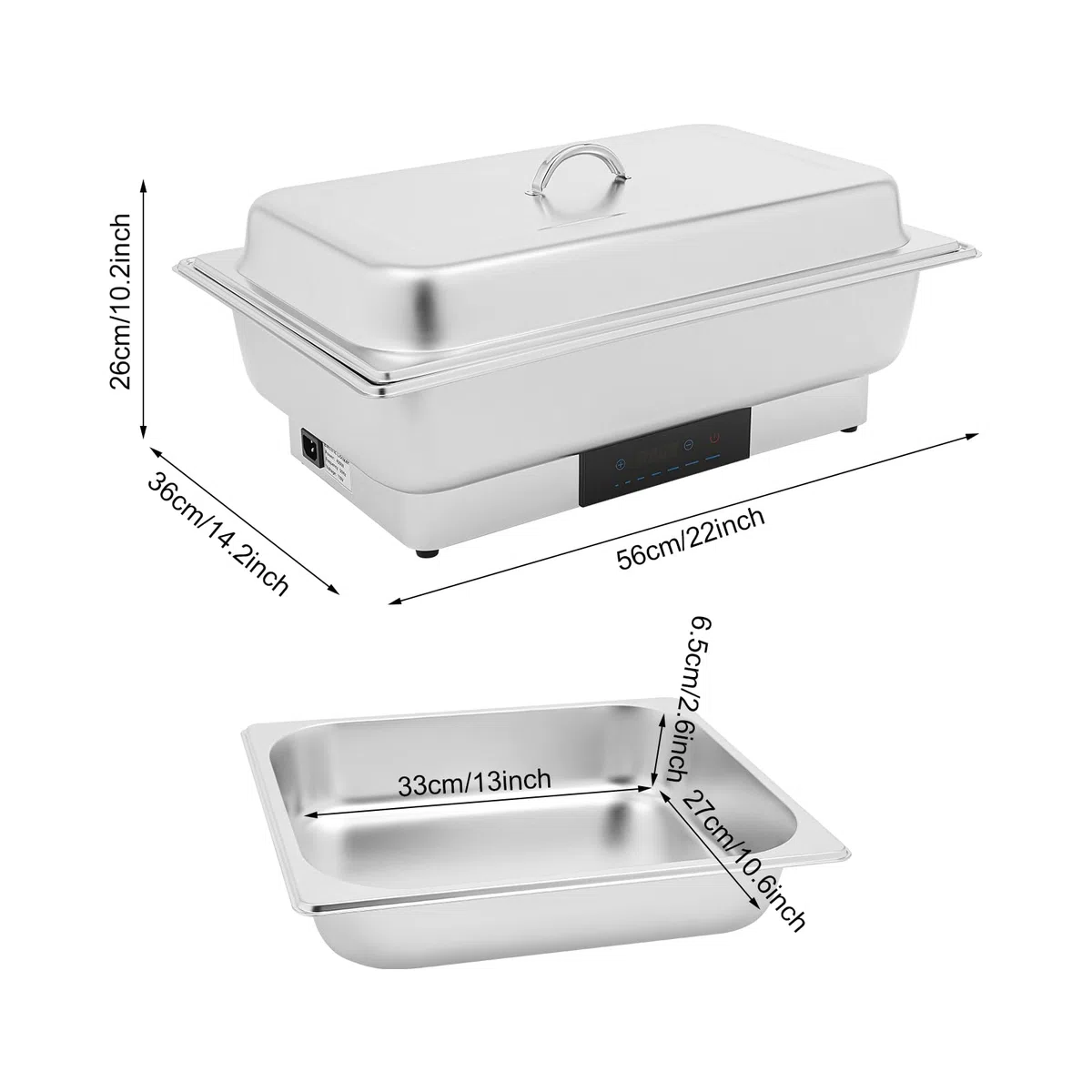 Calentador de buffet eléctrico, calentador de alimentos, buffet Chafing Dish, acero inoxidable, con control de temperatura para catering y buffet, 600 W, 9 l, para platos fríos y calientes