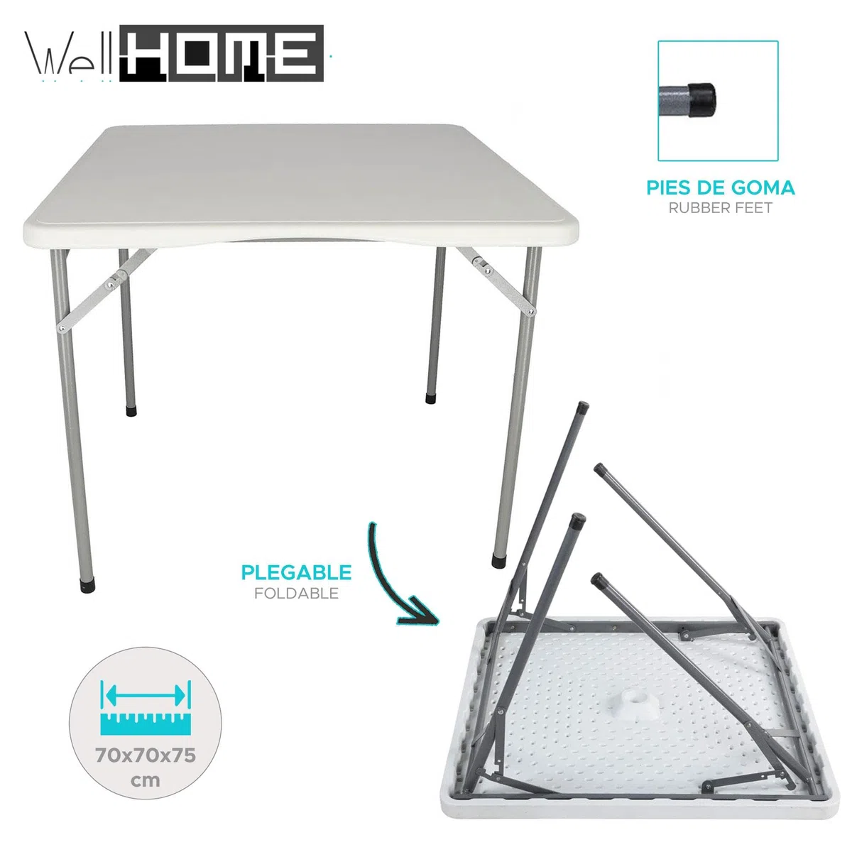 Well Home Mesa Plegable Formato Cuadrado de Polietileno 88x88x74cm