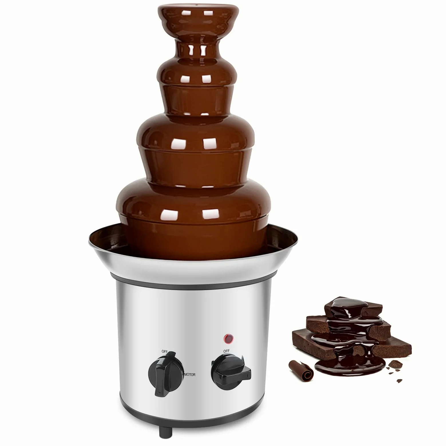 Fuente de Chocolate de Acero Inoxidable 4 Niveles, Fondue Eléctrica para Fiestas y Bodas, 170 W, 37 x 22 x 43 cm, Ideal para Celebraciones y Eventos Sociales