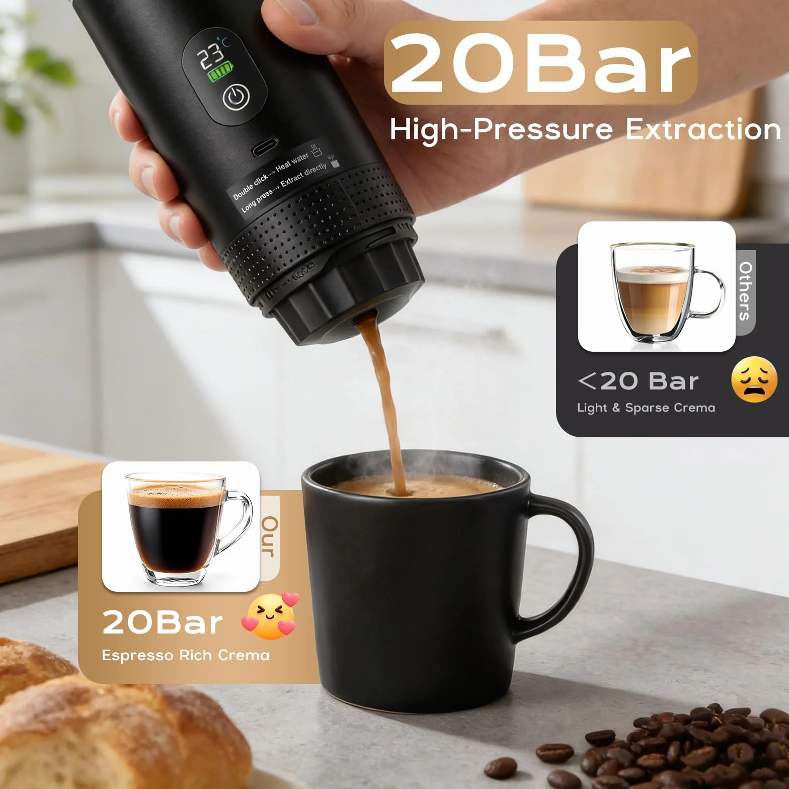 Cafetera Portatil Capsulas, Cafetera Portátil 20 Bar, 3 en 1 Cafetera Multicapsula y Molido, Maquina de Cafe, Cafetera Capsulas Portatil, Batería Recargable USB, Ideal Viajes, Camping, Oficina